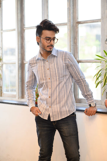 White & Blue Cotton Slim Fit Shirt - NamegStore
